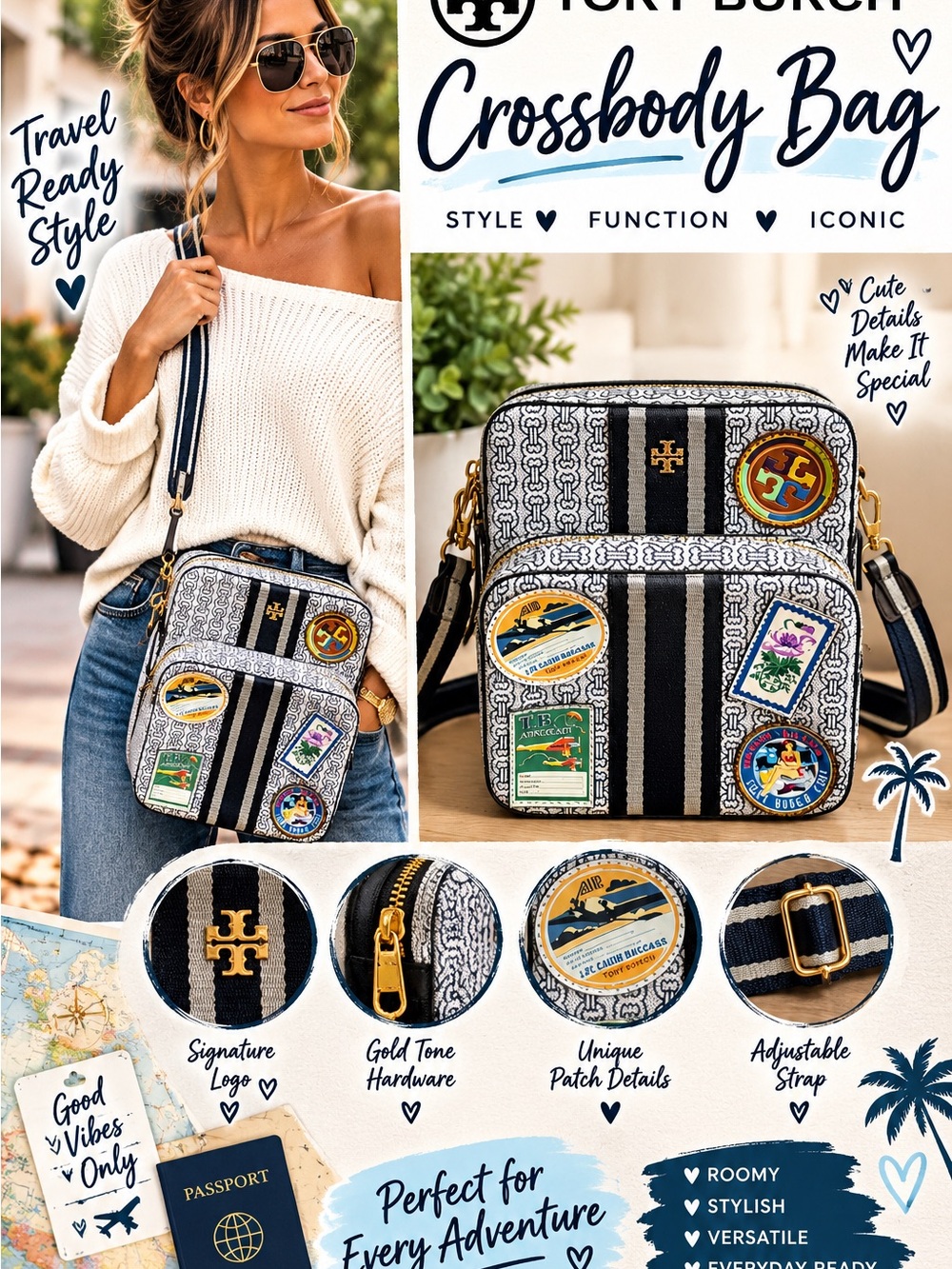 Tory Burch Gemini Link Canvas Patches Navy & White Travel Adventure Crossbody